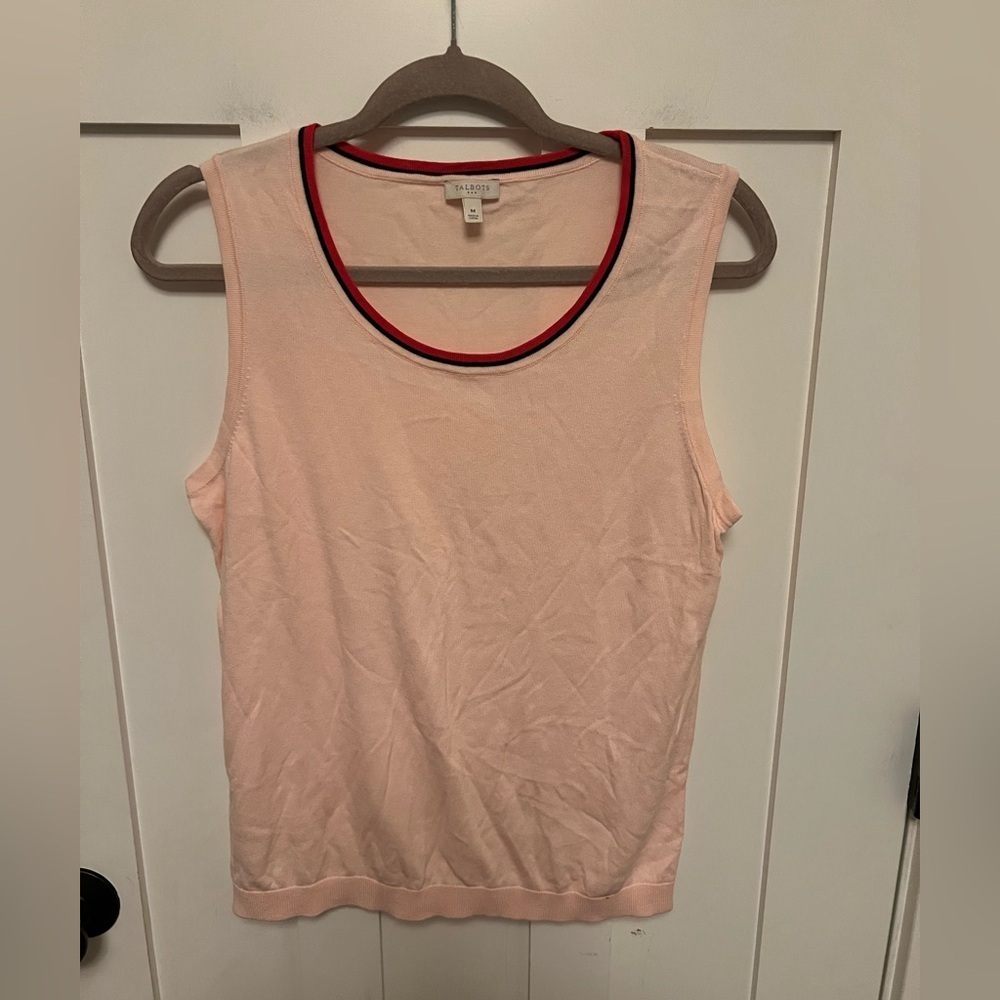 Talbots Sweater Tank Top Sleeveless Knit‎ Pink Red Trim Size Medium M Preppy